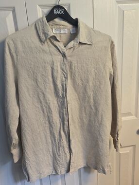 Eileen Fisher Light Beige Button-Down Cotton Linen Shirt